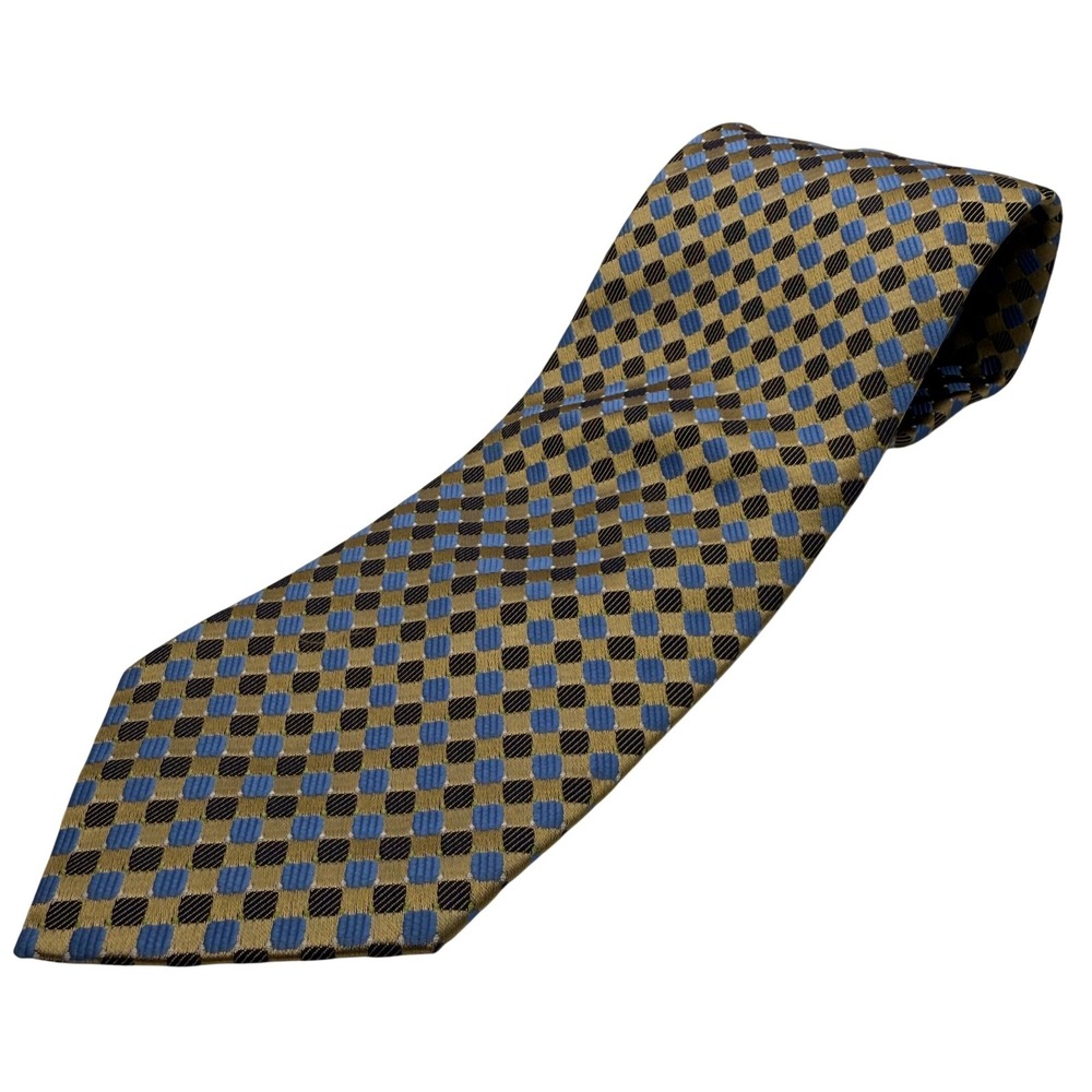 Foggia Mens Silk Necktie Gold‎ Blue Navy Geometric Checkerboard Handmade Tie